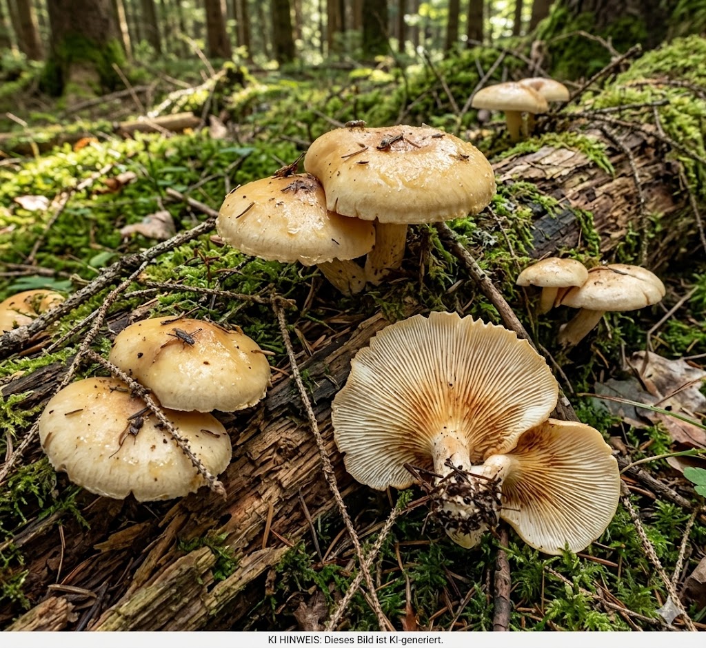 Harziger Sägeblättling - Bild exemplarisch, KI generiert. Wichtiges Bestimmungsmerkmal: harzig, klebrige Oberfläche, Wachstumszeit ist im Winter an Nadelholz.